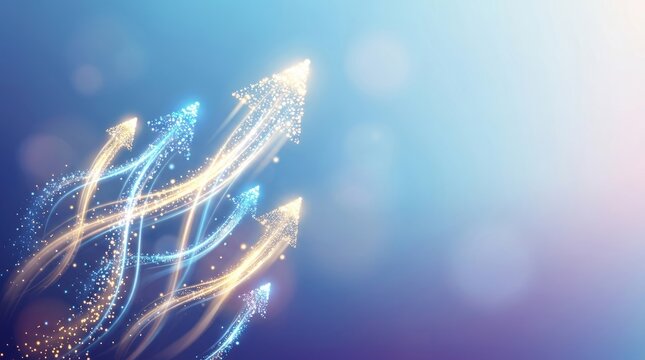 Several glowing arrows ascend upwards against a gradient blue background. The arrows are composed of light and sparkle, creating a dynamic and energetic visual effect.