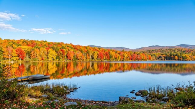 A serene lake reflects a vibrant autumn forest under a clear blue sky. A small wooden boat rests on the water's edge, surrounded by lush green vegetation and colorful fallen leaves.