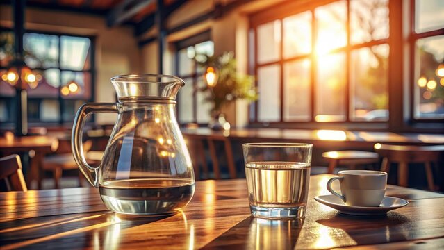 A glass of water and carafe sit serene amidst the bustling cafes warm atmosphere