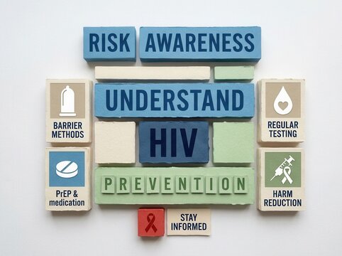 Educational blocks with HIV prevention text and icons are arranged on a clean surface. This layout highlights risk awareness and prevention strategies for medical education and health