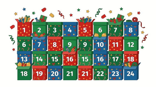 Christmas advent calendar with 24 numbered gift boxes and festive confetti