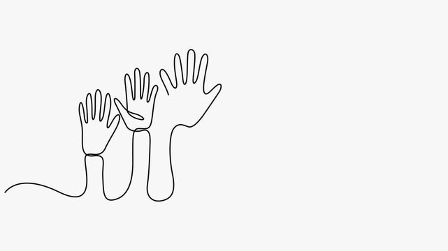 Minimalist Continuous Line Drawing of Diverse Hands Raised Up Together for Teamwork and Unity Concepts