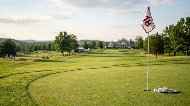 A golf course green stretches out towards a distant mountain range under a bright, sunny sky.