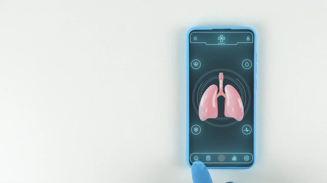 Smartphone with a medical interface for recording symptoms of asthma, COPD, and pulmonary monitoring. Digital respiratory health prevention. Hand with a light blue glove on a white background.