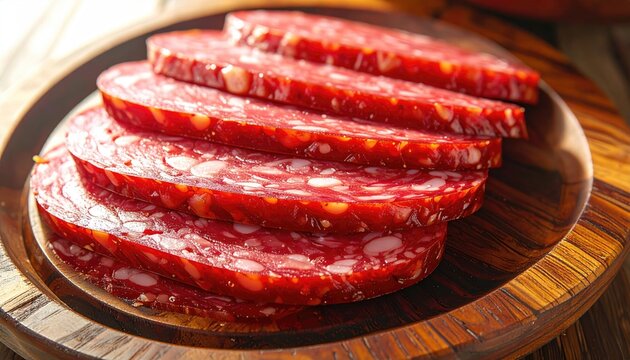 Sliced cured meat with visible fat marbling on a wooden plate