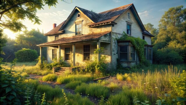 An abandoned singlefamily home stands amidst a sea of weedy overgrowth and cracked earth in a onceneglected suburban landscape