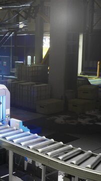 A busy conveyor belt transports items steadily through a sleek factory. The dim lighting sets a focused mood as equipment hums in the quiet, late evening hours.