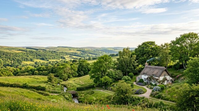 A picturesque cottage sits nestled in a lush, green valley under a bright blue sky with scattered clouds. The cottage, constructed of thatch, features a chimney emitting a wisp of smoke.