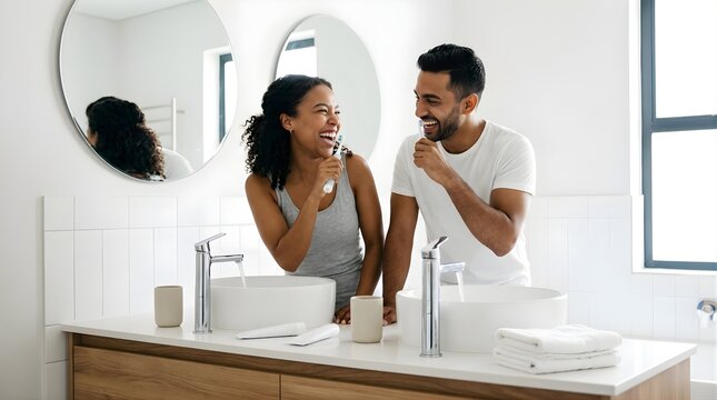 Happy young couple brushing teeth together in a modern bright bathroom