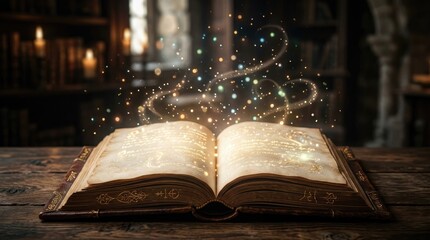 Fototapeta premium An open, ancient book glows with magical energy, illuminating a dark, richly detailed library. Sparkling particles swirl around the pages, suggesting a powerful spell or incantation.