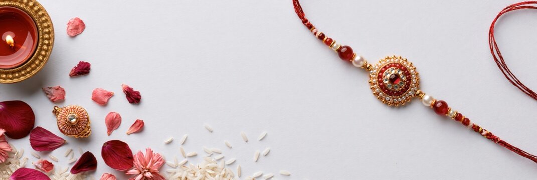 Raksha bandhan festival background with rakhi, diya, marigold flowers, and rice grains isolated on white background raksha bandhan banner realistic banner