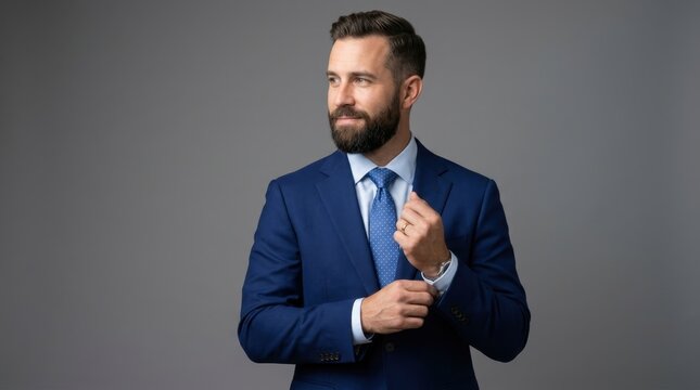 Handsome bearded businessman wearing elegant navy blue suit and tie adjusting sleeve cuff against grey background looking sideways representing corporate success and professional leadership style