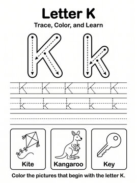 Educational Letter K Tracing, Writing, and Coloring Worksheet for Kids