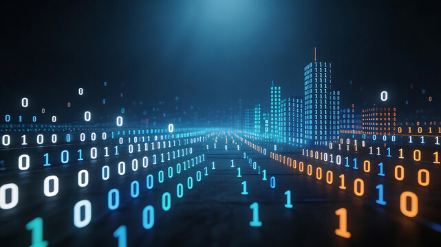 Digital cityscape with binary code