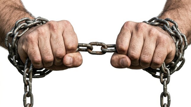 Hairy muscular hands tightly bound by heavy rusty iron chains representing struggle for freedom or human rights and slavery concepts in an isolated environment for social justice related