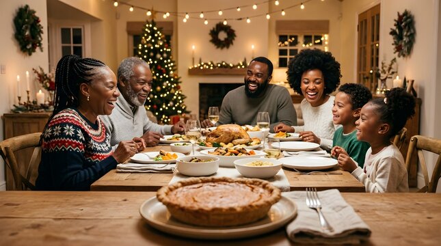 Multigenerational Black family sharing a festive Christmas dinner at home
