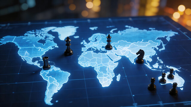 Chess pieces on digital world map