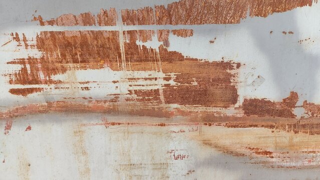 Old metal surface with peeling paint and rust-induced corrosion, metal texture, gray painted wall, reddish-brown rust patterns, industrial background