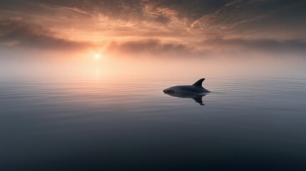 Obraz premium Serene Dolphin Silhouette at Sunrise Over Calm Waters with Misty Horizon and Rippling Reflections in Tranquil Ocean Setting