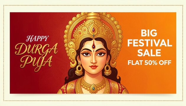 Durga Puja Festival Sale Background Design with Goddess Durga Face Illustration