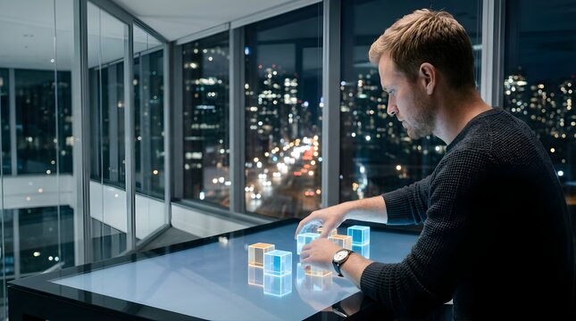 Professional man analyzing holographic 3D cubes on a digital table at night