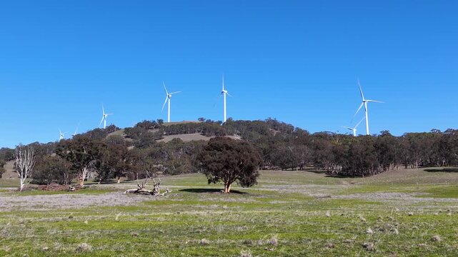 Wind Turbines Rotating on a Grassy Hillside Under Clear Blue Sky