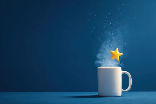White Coffee Mug with Rising Steam Shaped Like Yellow Star Against Dark Blue Starry Background