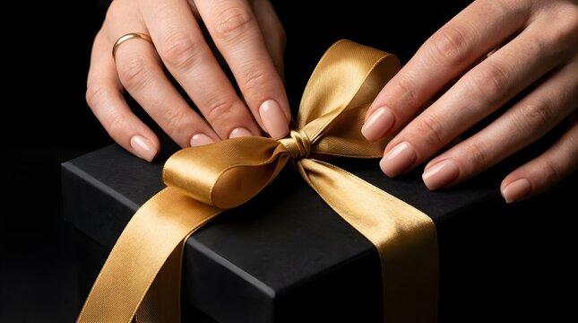 Woman hands holding a black gift box with a luxurious gold ribbon bow