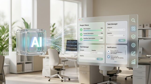 AI cube connected to futuristic UI with task manager and project status