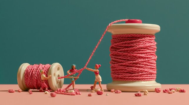 Bobbin winding a long loose thread into neat order in a clay scene
