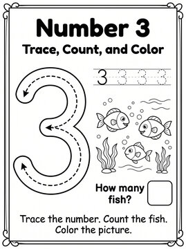 Educational number 3 tracing, counting, and coloring worksheet with fish for kids