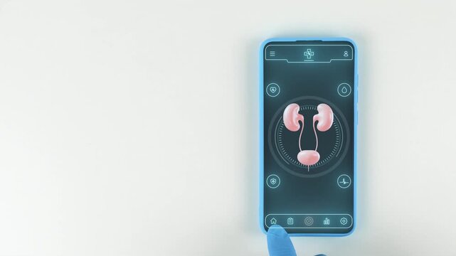Mobile telemedicine application for monitoring female urinary health, urinary tract infections, and incontinence. Modern digital medicine concept. Hand with light blue glove on a white background.