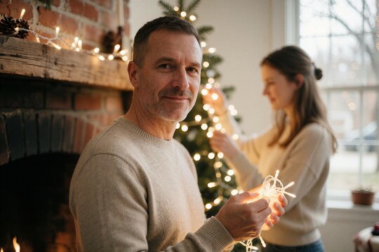 Two people arranging Christmas lights indoors, a man smiling at the camera while holding glowing lights near a decorated tree.