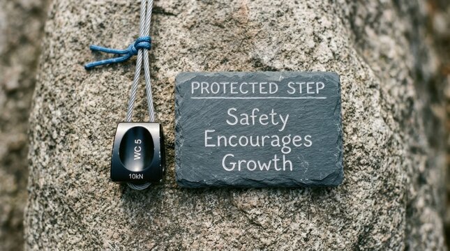 Rock climbing nut and slate plaque with motivational safety quote on granite stone wall showcasing protection and security concepts for outdoor sports and industrial safety standards awareness always.