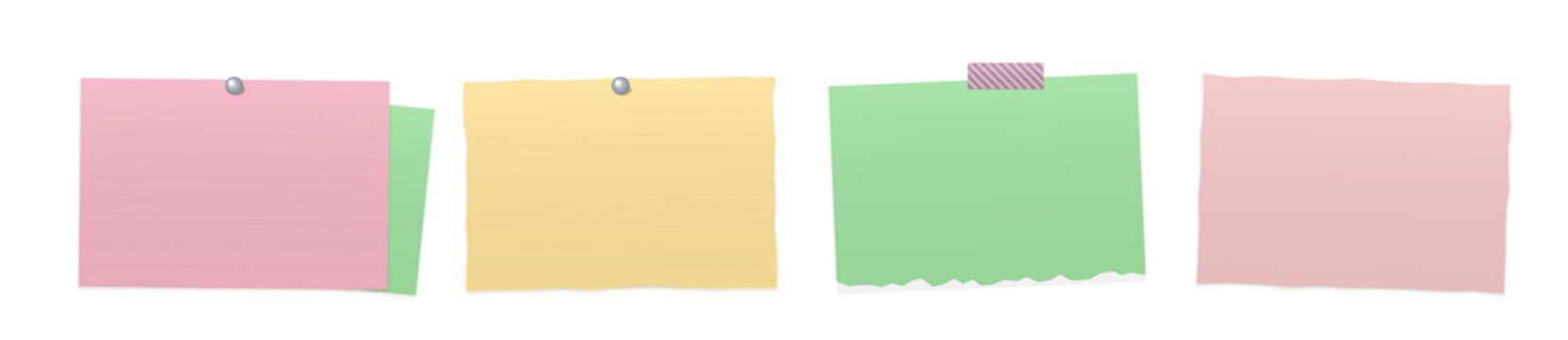 Four colorful sticky notes attached to a wooden surface isolated on transparent background