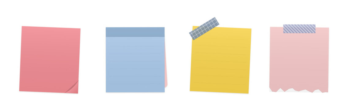 Four colorful sticky notes on a flat surface isolated on transparent background