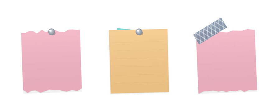 Three colorful sticky notes attached to a wall with thumbtacks isolated on transparent background