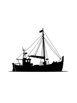 Black Silhouette of a Fishing Boat Trawler Isolated on White