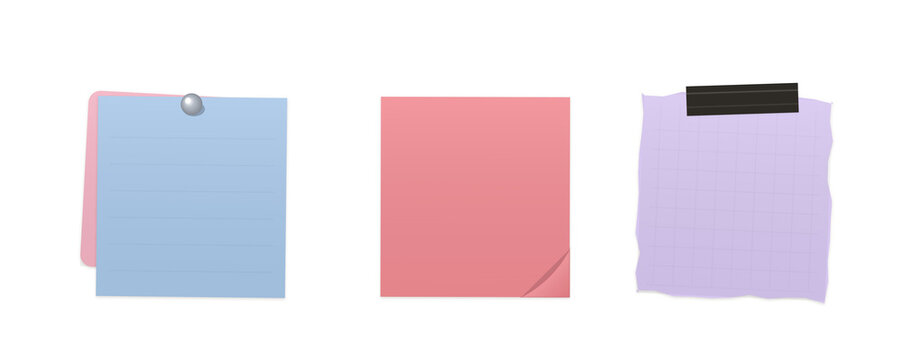 Three colorful sticky notes attached to a surface with paper clips isolated on transparent background