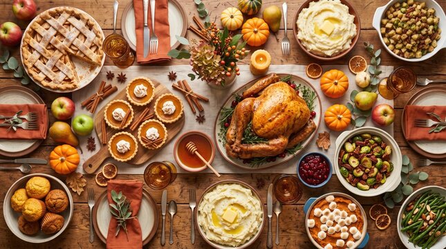 A bountiful rustic table setting featuring a roasted turkey and various traditional dishes for a festive happy thanksgiving celebration