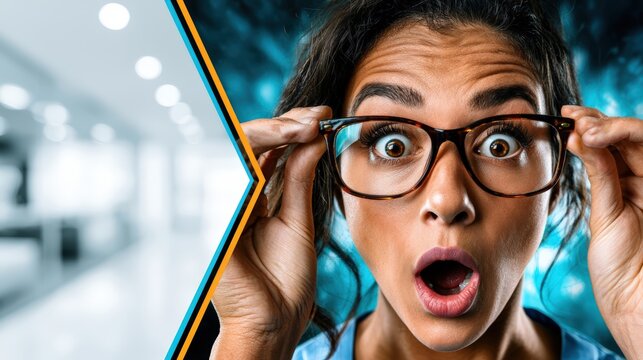 Modern laser eye surgery banner featuring woman holding old eyeglasses away from face with wide joyful eyes seeing perfectly.