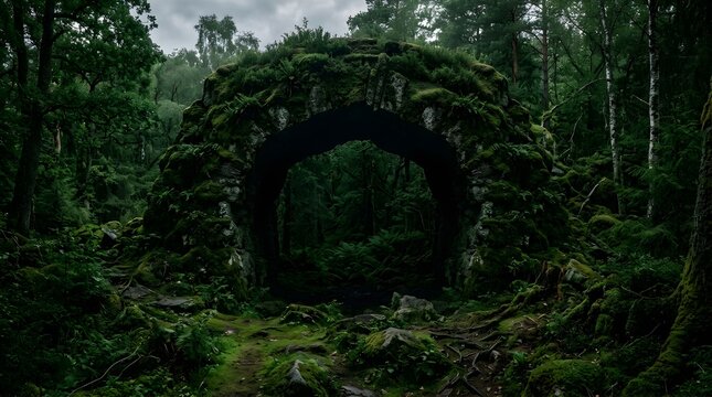 Ancient mossy stone archway in a dark mystical forest for fantasy backdrop
