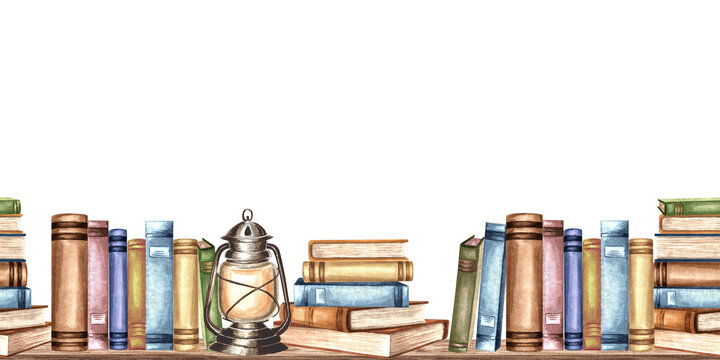 Books on vintage bookshelf watercolor seamlees border. Banner with textbooks and stationery hand drawn illustration isolated. Template background for libruary, school, bookshop, wallpaper, sticker.