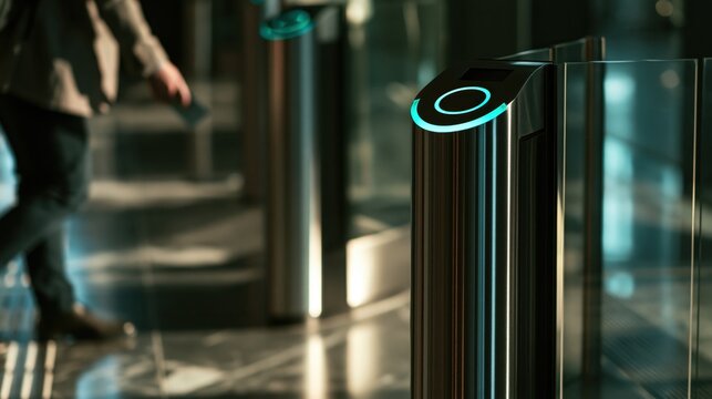 Badge reader glowing at a lobby turnstile in morning light