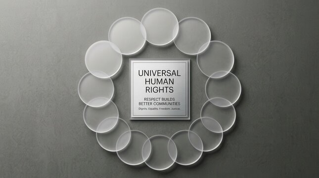 Elegant silver plaque displaying universal human rights text surrounded by frosted glass circles on a textured gray background representing global unity equality and justice for modern communities