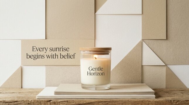 Scented candle in glass jar with wooden lid glowing on wooden table against geometric background featuring inspirational quote about sunrise and belief for wellness and home spa meditation atmosphere.