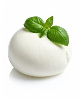 Fresh, creamy white ball of cheese topped with vibrant green basil leaves