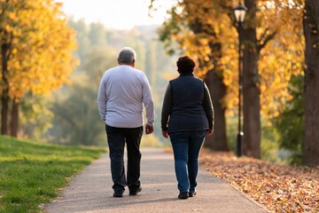 Obraz premium Senior couple walking along a scenic autumn park path with elderly nature lifestyle