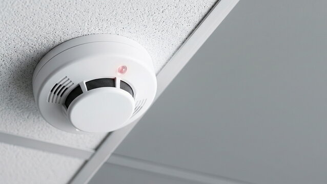Smoke detector mounted on textured office ceiling with blinking red light, fire safety and alarm system concept.