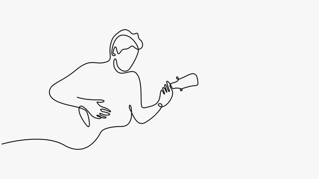Continuous line art animation of a young man playing acoustic guitar for a listening woman.